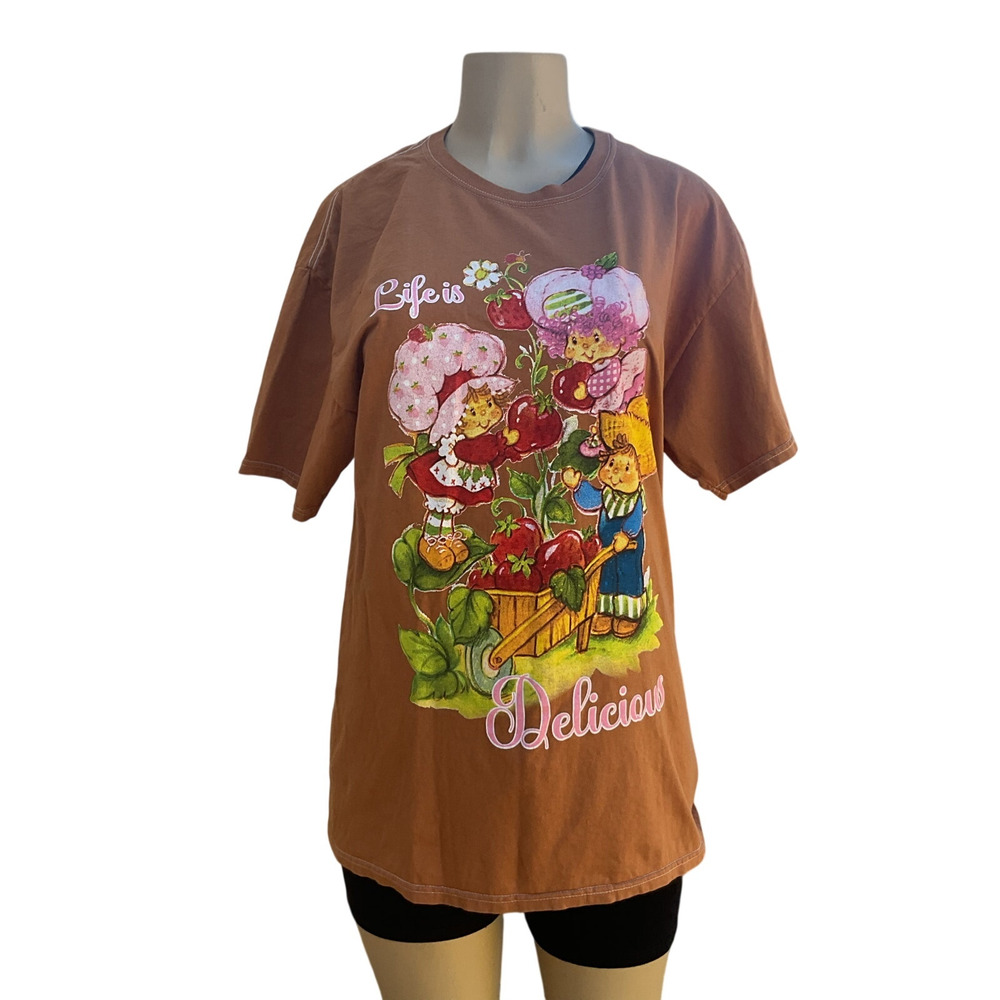 Strawberry Shortcake Graphic T Shirt Women L Brown Vintage Style Oversized Tee